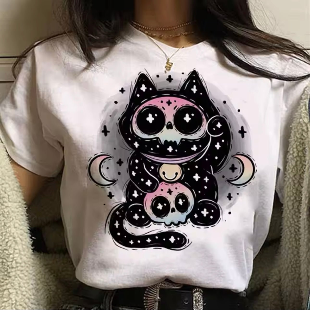 Cute Pastel Goth Halloween Cat Harajuku Divine Crescent Moon T-Shirt - for Women | MeowMart - T-Shirt - MeowMart