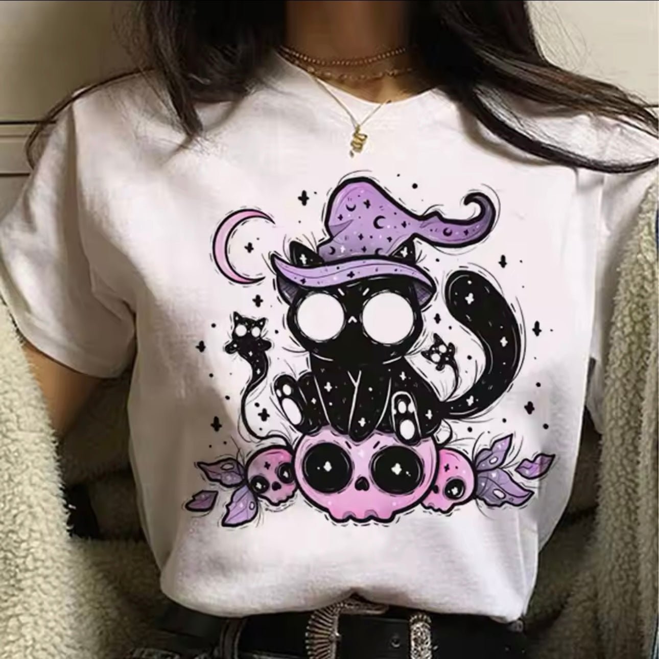 Cute Pastel Goth Halloween Cat Harajuku Witchy Ghost Skull T-Shirt - for Women | MeowMart - T-Shirt - MeowMart