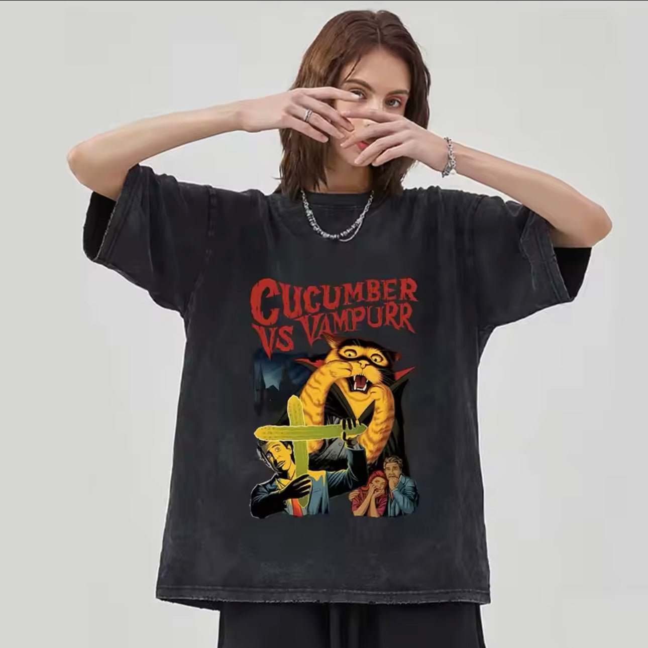 Halloween Vampire ‘Cucumber Vs Vampurr’ Retro Horror Movie T-Shirt - for Women Men | MeowMart - T-Shirt - MeowMart