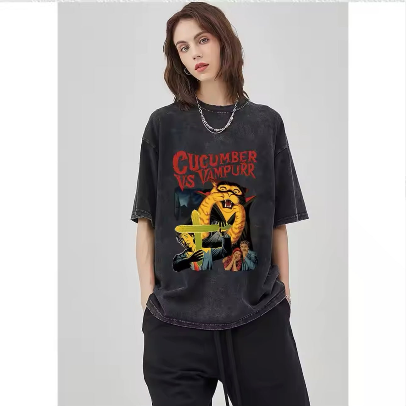 Halloween Vampire ‘Cucumber Vs Vampurr’ Retro Horror Movie T-Shirt - for Women Men | MeowMart - T-Shirt - MeowMart