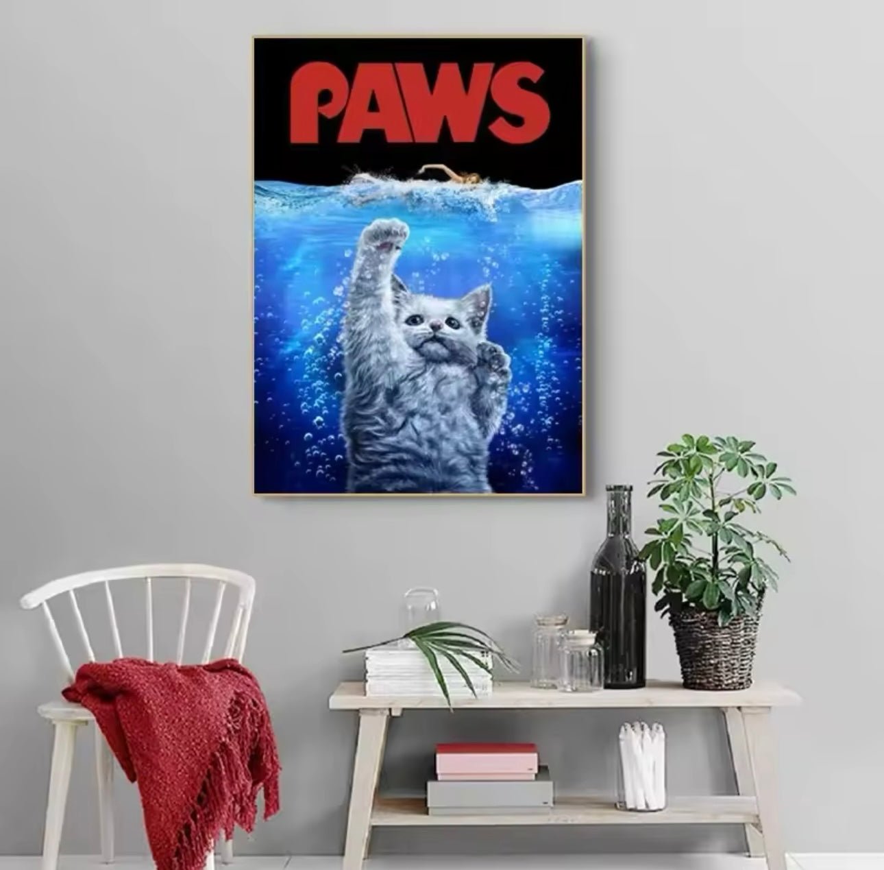 PAWS Movie Poster – Hilarious Cat - Themed Parody of JAWS - Wall Decor - MeowMart