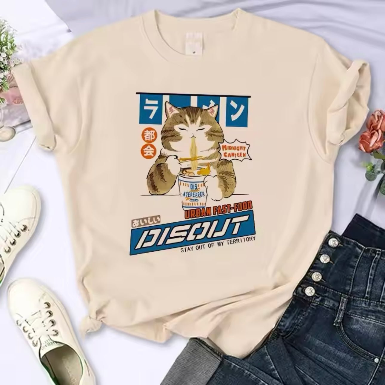 Retro Cute Japanese Fat Ramen Cat Y2K 90s T-Shirt - for Women Men | MeowMart - T-Shirt - MeowMart
