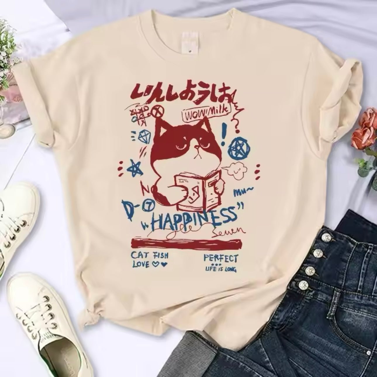 Retro Cute Manga Japanese ‘Happiness’ Cat Y2K 90s T-Shirt - for Women Men | MeowMart - T-Shirt - MeowMart