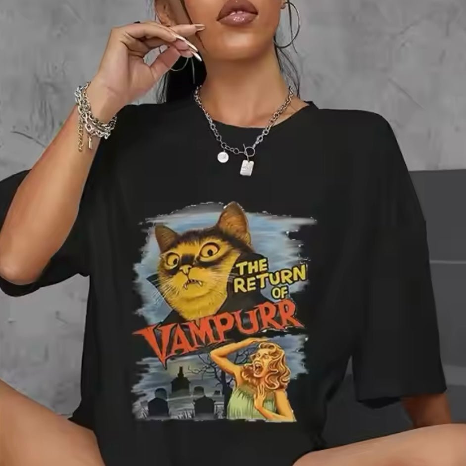 Retro Halloween Vampire Cat T-Shirt - for Women | MeowMart - T-Shirt - MeowMart