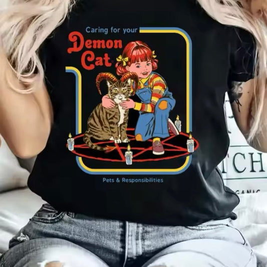 Cute "Caring for Your Demon Cat" Vintage Retro Supernatural T-Shirt for Women - T-Shirt - MeowMart