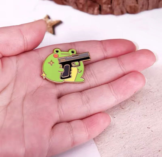 Cute Cartoon Frog with Glock Enamel Pin Animal Lapel Pin - Funny Backpack Clothing Accessories | MeowMart - Jewelry - MeowMart