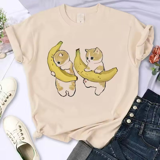 Cute Japanese Cartoon Banana Cat Kitten Y2K 90s T-Shirt - for Women Men | MeowMart - T-Shirt - MeowMart