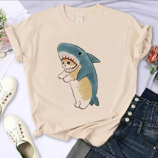 Cute Japanese Cartoon Diving Shark Cat Y2K 90s T-Shirt - for Women Men | MeowMart - T-Shirt - MeowMart