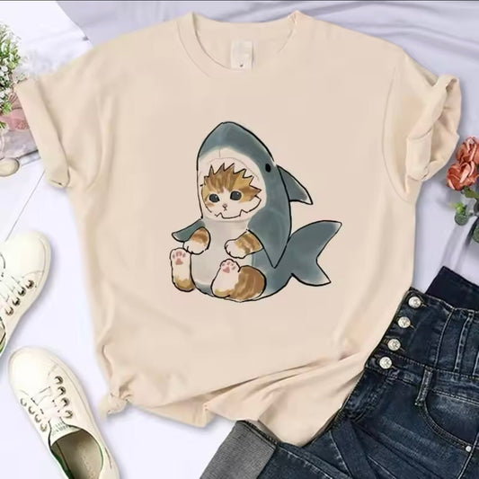 Cute Japanese Cartoon Great White Shark Cat Y2K 90s T-Shirt - for Women Men | MeowMart - T-Shirt - MeowMart