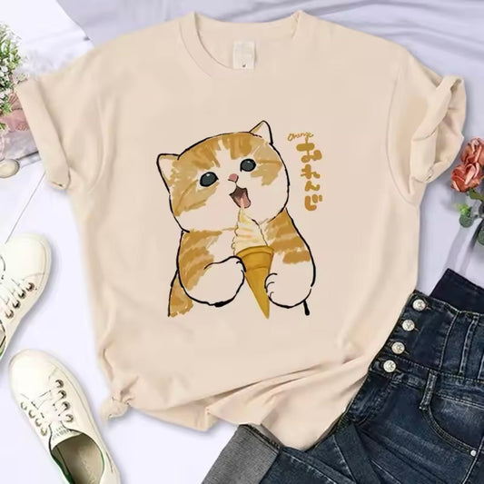 Cute Japanese Cartoon Ice - cream Cat Y2K 90s T-Shirt - for Women Men | MeowMart - T-Shirt - MeowMart
