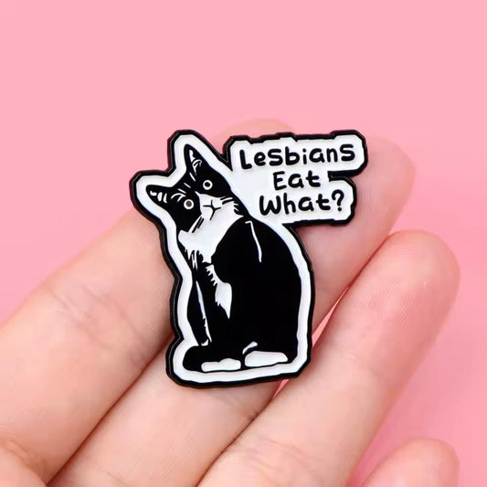 Cute LGBTQ+ Tuxedo Cat 'Lesbians Eat What?' Funny Custom Lapel Pin Accessory - Jewelry - MeowMart