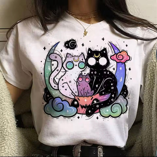 Cute Pastel Goth Halloween Cat Harajuku Crescent Moon T-Shirt - for Women | MeowMart - T-Shirt - MeowMart