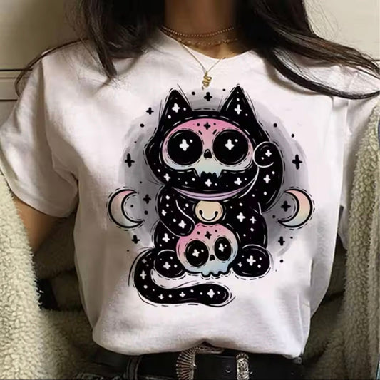 Cute Pastel Goth Halloween Cat Harajuku Divine Crescent Moon T-Shirt - for Women | MeowMart - T-Shirt - MeowMart