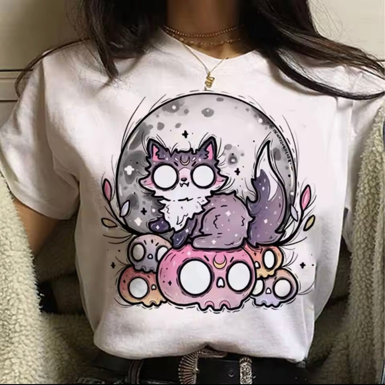 Cute Pastel Goth Halloween Cat Harajuku Full Moon Skull T-Shirt - for Women | MeowMart - T-Shirt - MeowMart