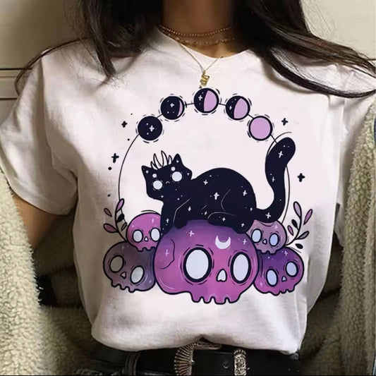 Cute Pastel Goth Halloween Cat Harajuku Moon Cycle Skull T-Shirt - for Women | MeowMart - T-Shirt - MeowMart