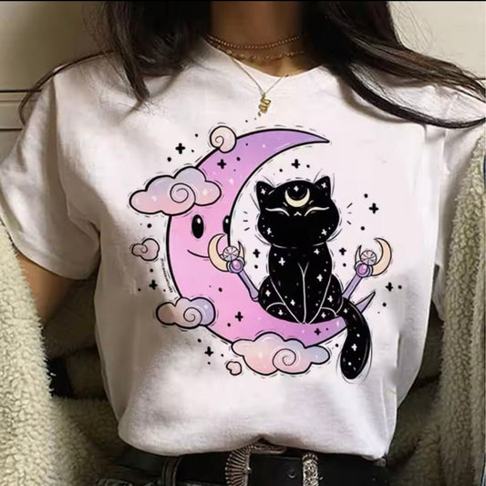 Cute Pastel Goth Halloween Cat Harajuku Moon Witch T-Shirt - for Women | MeowMart - T-Shirt - MeowMart