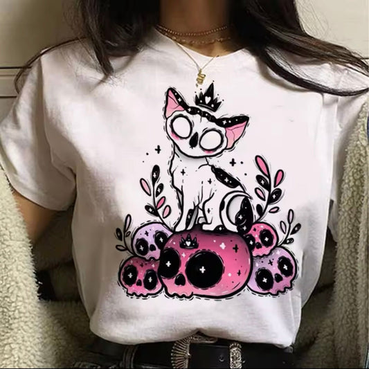 Cute Pastel Goth Halloween Cat Harajuku Skull T-Shirt - for Women | MeowMart - T-Shirt - MeowMart