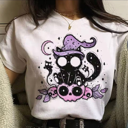 Cute Pastel Goth Halloween Cat Harajuku Witchy Ghost Skull T-Shirt - for Women | MeowMart - T-Shirt - MeowMart