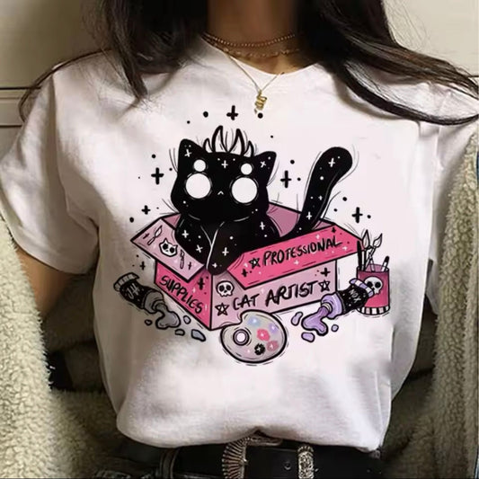 Cute Pastel Goth Halloween Demonic Artist Cat Harajuku T-Shirt - for Women | MeowMart - T-Shirt - MeowMart