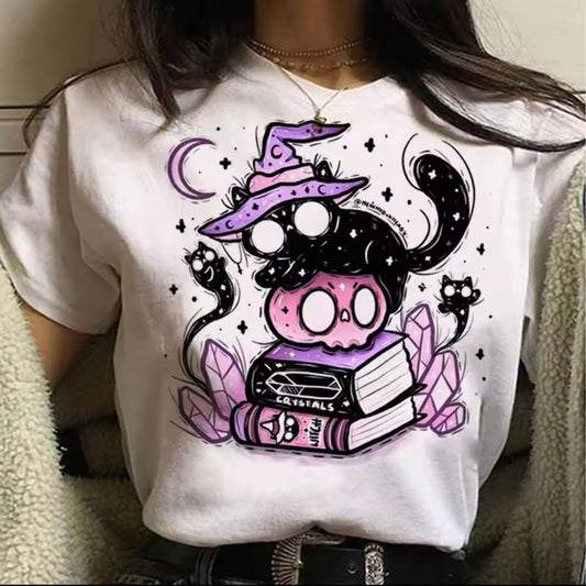 Cute Pastel Goth Halloween Witchy Cat Harajuku T-Shirt - for Women | MeowMart - T-Shirt - MeowMart
