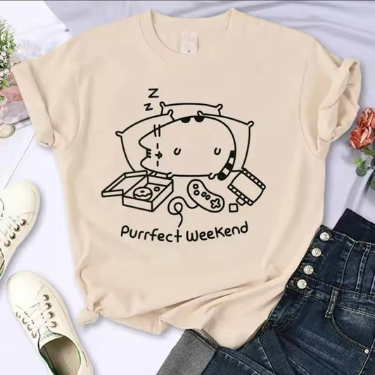 Cute ‘Purrfect Weekend’ Lazy Cat T-Shirt | Funny Y2K 90s Meme Graphic Tee for Men & Women - MeowMart - T-Shirt - MeowMart