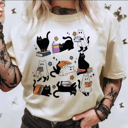 Cute Spooky Halloween Cartoon Black Ghost Cat T-Shirt for Women - T-Shirt - MeowMart
