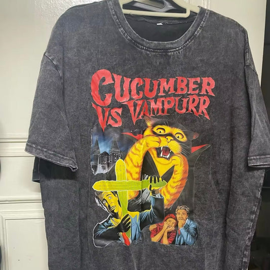 Halloween Vampire ‘Cucumber Vs Vampurr’ Retro Horror Movie T-Shirt - for Women Men | MeowMart - T-Shirt - MeowMart
