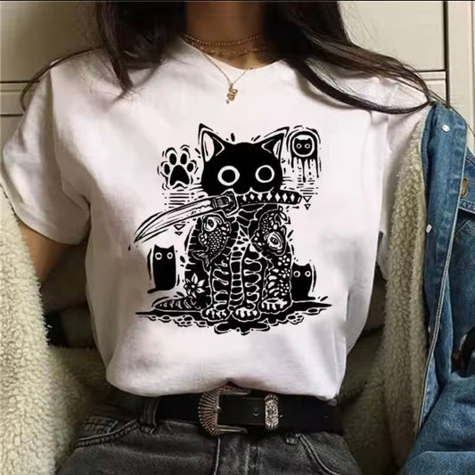 Japanese Black Samurai Ronin Ninja Cat With Katana Graphic T-Shirt Women - T-Shirt - MeowMart