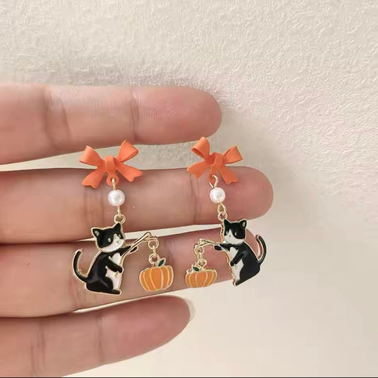Spooky Pumpkin Patch Black Cat Cottagecore Bow Drop Earrings - Jewelry - MeowMart