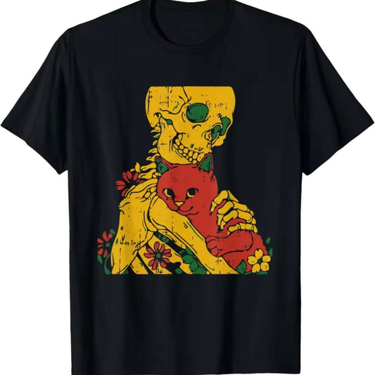 Spooky Skeleton and Cat Cuddle Buddies Comic Anime T-Shirt for Men - MeowMart - T-Shirt - MeowMart