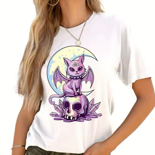 Witchy Cat & Skull Halloween Horror Pastel Street Style T-Shirt for Women - T-Shirt - MeowMart